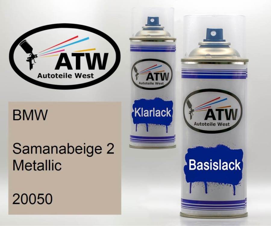 BMW, Samanabeige 2 Metallic, 20050: 400ml Sprühdose + 400ml Klarlack - Set, von ATW Autoteile West.